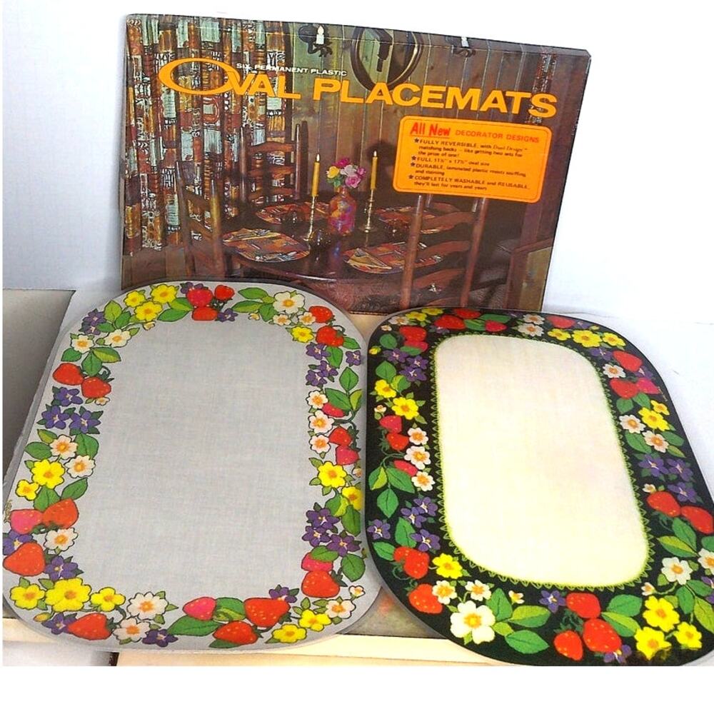Vintage Bright Of America Strawberry Sundae Oval Placemats Reversible Set Of 6
